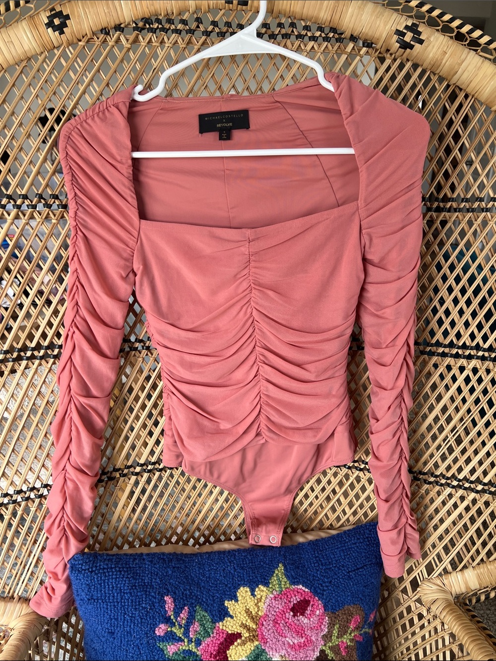 Michael Costello Dusky Rose Ruched Long-Sleeve Bodysuit